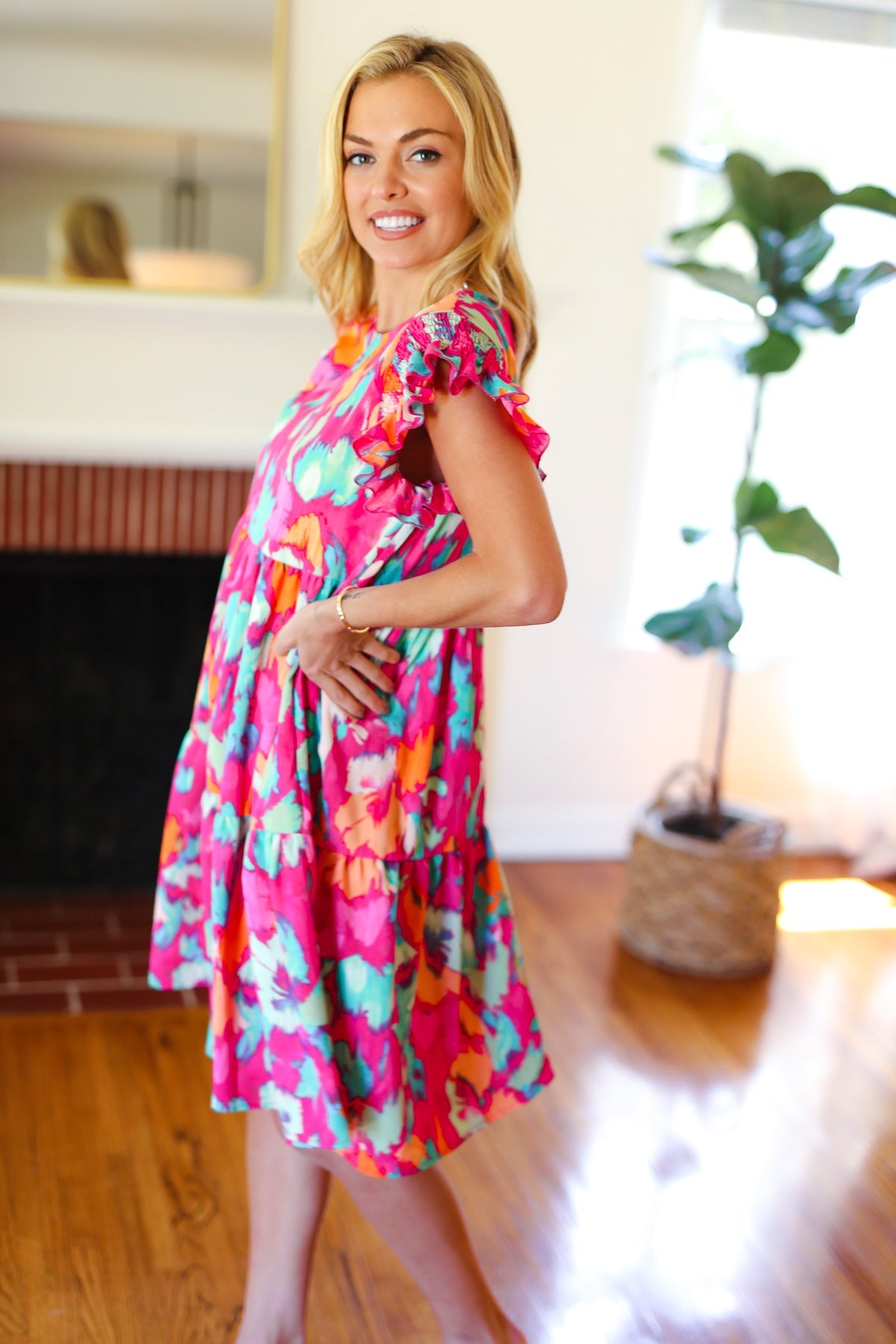 Haptics Look of Love Fuchsia Abstract Floral Print Smocked Ruffle Sleeve Dress