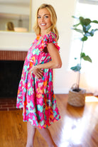 Haptics Look of Love Fuchsia Abstract Floral Print Smocked Ruffle Sleeve Dress