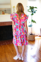 Haptics Look of Love Fuchsia Abstract Floral Print Smocked Ruffle Sleeve Dress
