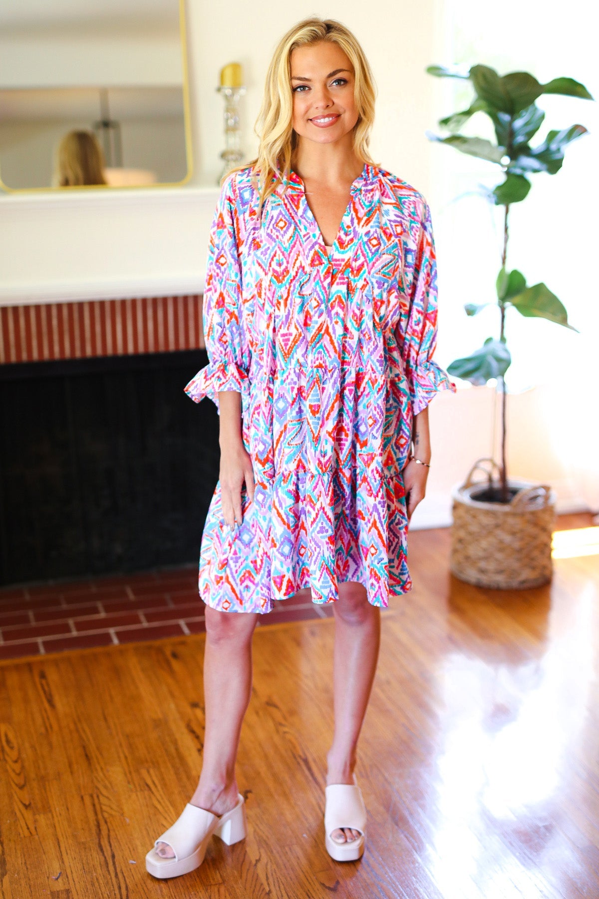 Haptics Love Found Blue & Lavender Ikat Print V Neck Dress Final Sale 2024 Summer Blow Out Sale