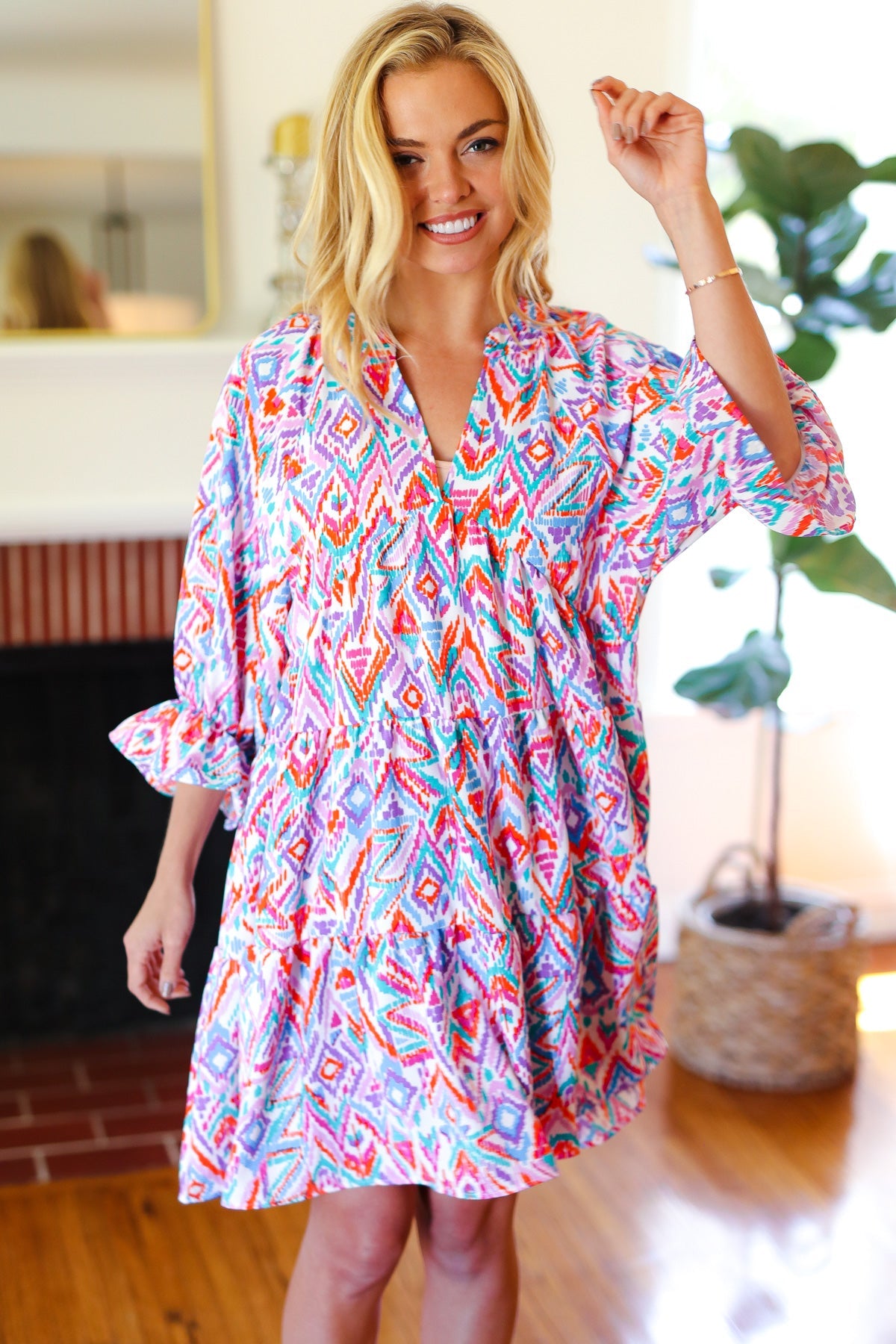 Haptics Love Found Blue & Lavender Ikat Print V Neck Dress Final Sale 2024 Summer Blow Out Sale