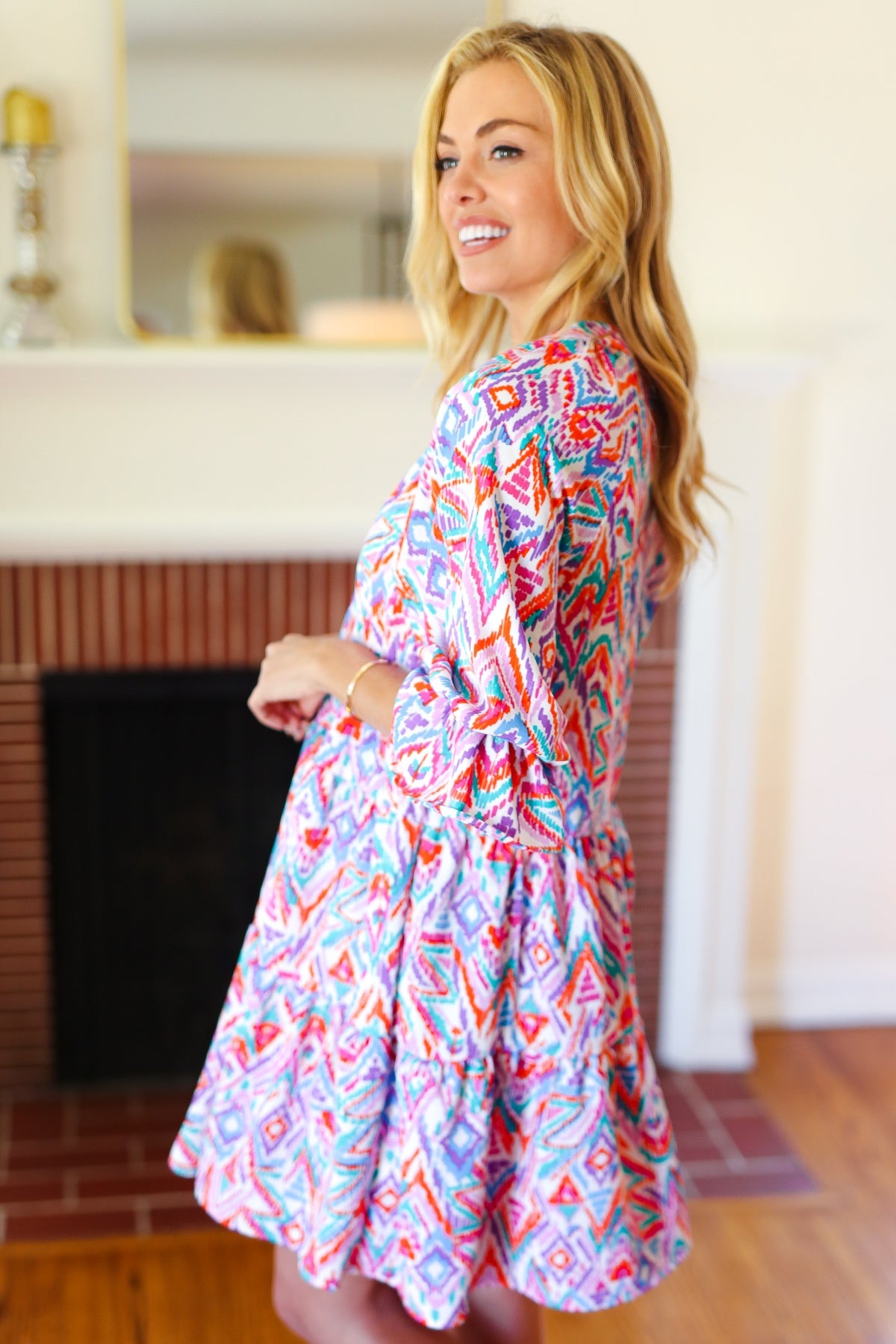 Haptics Love Found Blue & Lavender Ikat Print V Neck Dress Final Sale 2024 Summer Blow Out Sale