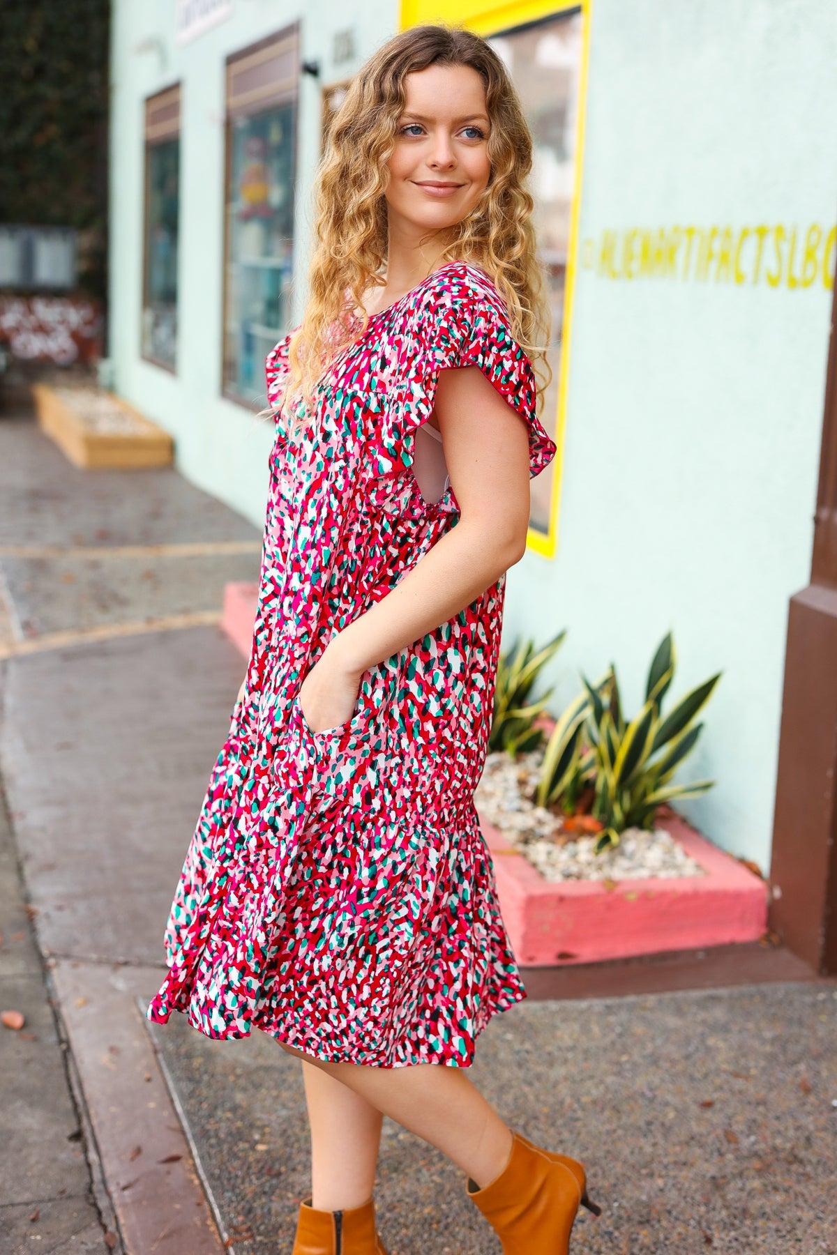 Haptics Fuchsia & Teal Abstract Dot Yoke Woven Dress