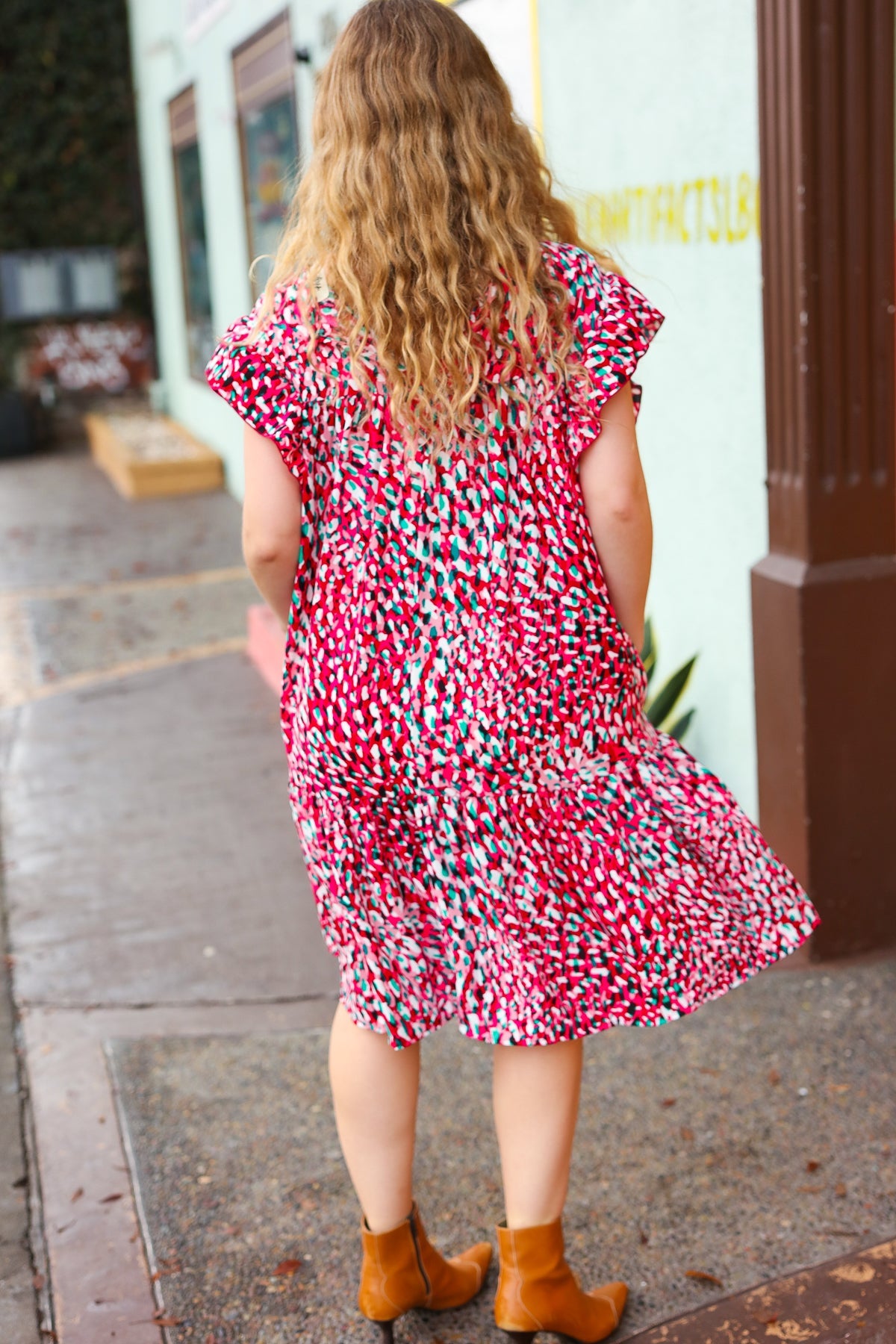 Haptics Fuchsia & Teal Abstract Dot Yoke Woven Dress