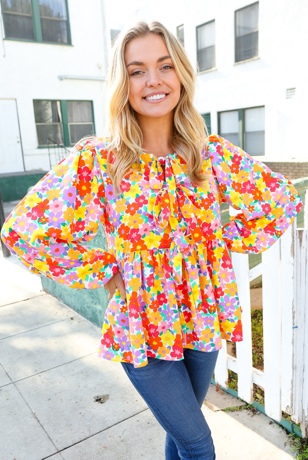 Large Haptics Chasing Dreams Ribbon Tie Bow Babydoll Puff Elastic Sleeve Floral Top