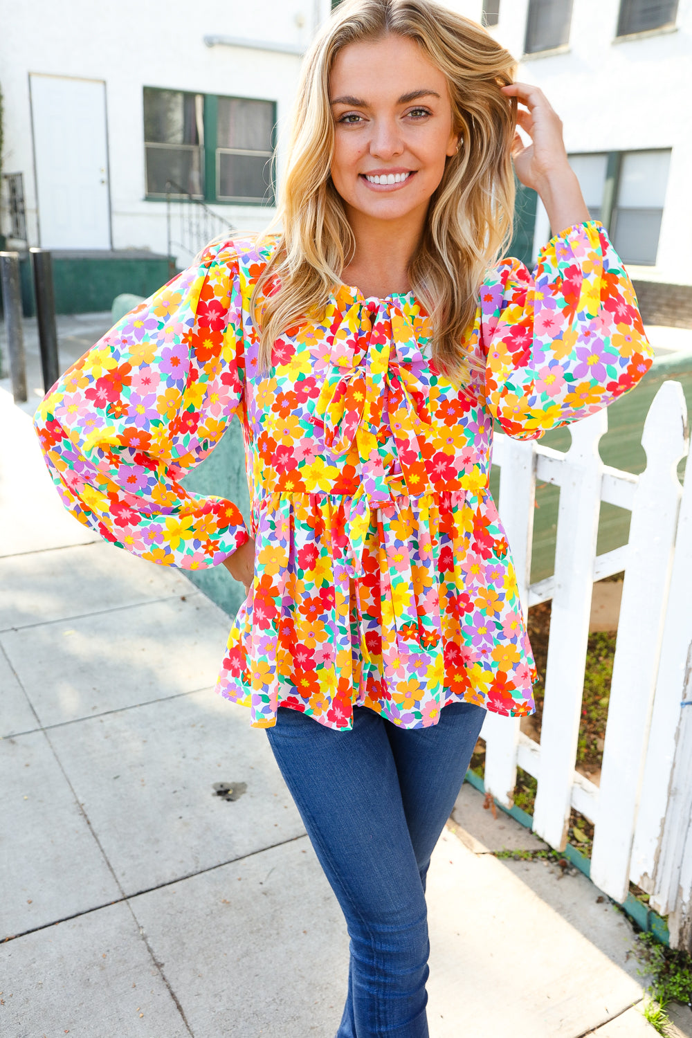 Large Haptics Chasing Dreams Ribbon Tie Bow Babydoll Puff Elastic Sleeve Floral Top