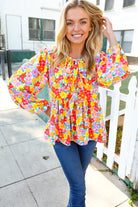 Large Haptics Chasing Dreams Ribbon Tie Bow Babydoll Puff Elastic Sleeve Floral Top