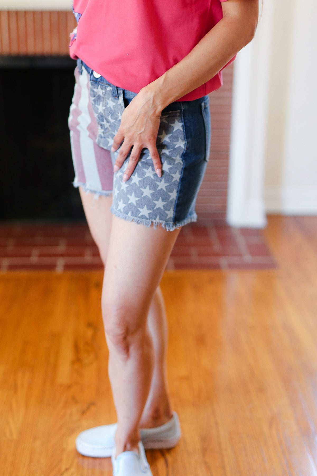 Haptics American Flag High Rise Frayed Hem Denim Shorts 2024 Blow-Out Sale