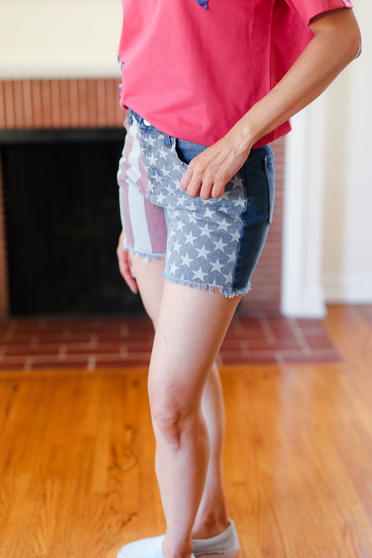 Haptics American Flag High Rise Frayed Hem Denim Shorts 2024 Blow-Out Sale