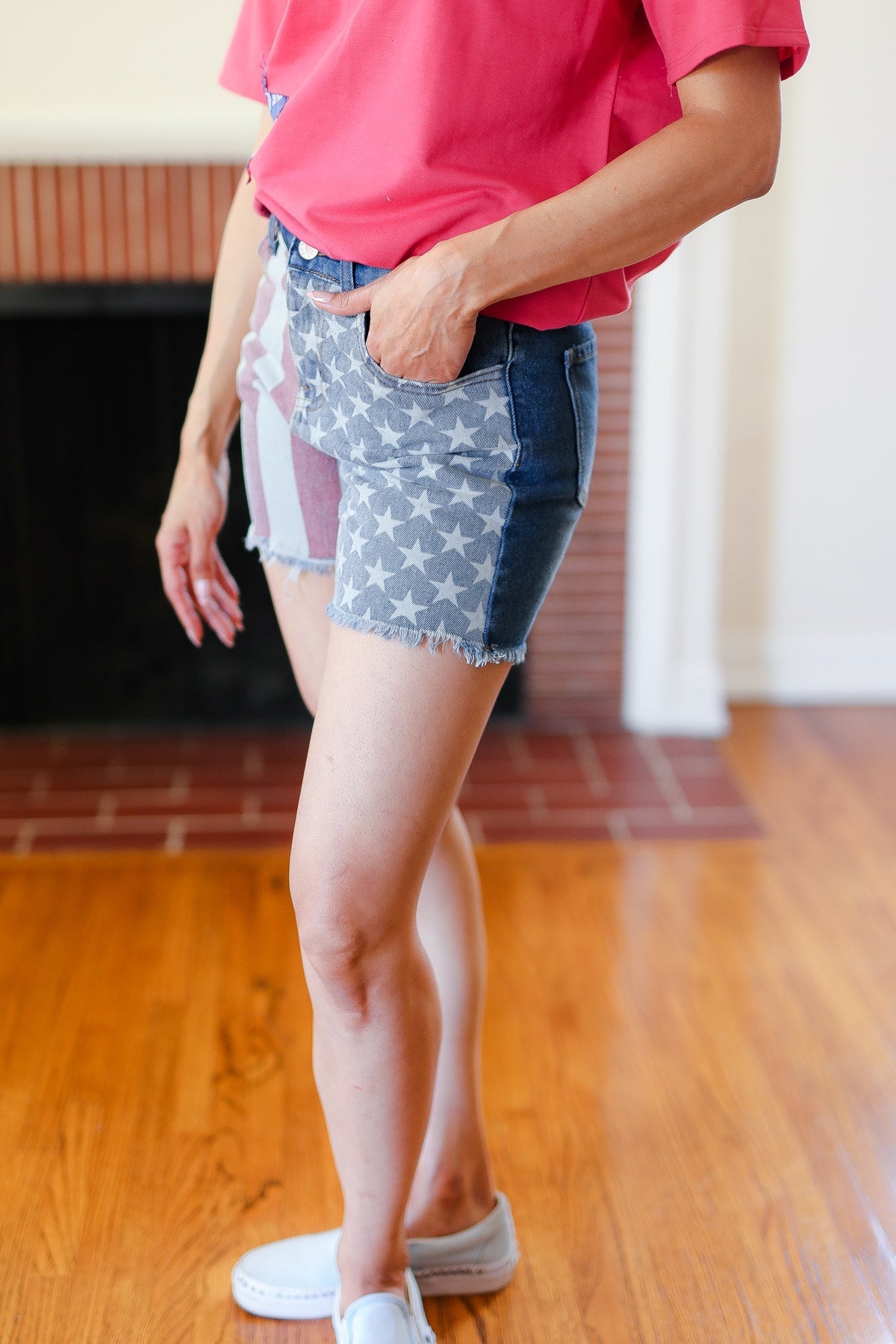 Haptics American Flag High Rise Frayed Hem Denim Shorts 2024 Blow-Out Sale