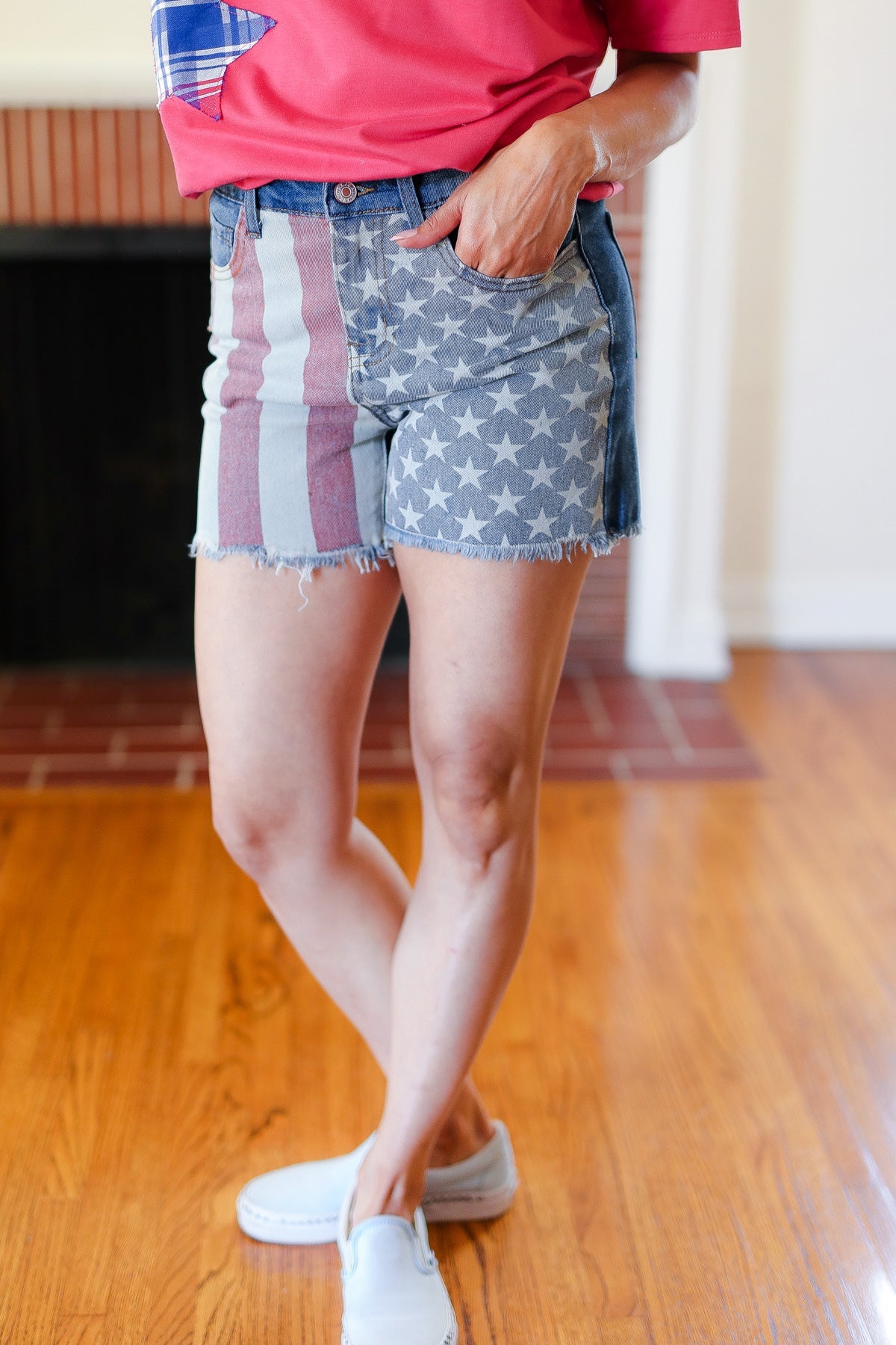 Haptics American Flag High Rise Frayed Hem Denim Shorts 2024 Blow-Out Sale