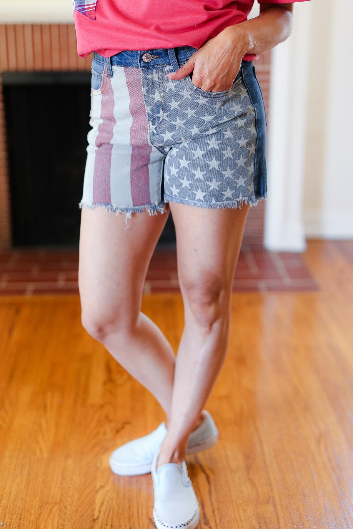 Haptics American Flag High Rise Frayed Hem Denim Shorts 2024 Blow-Out Sale