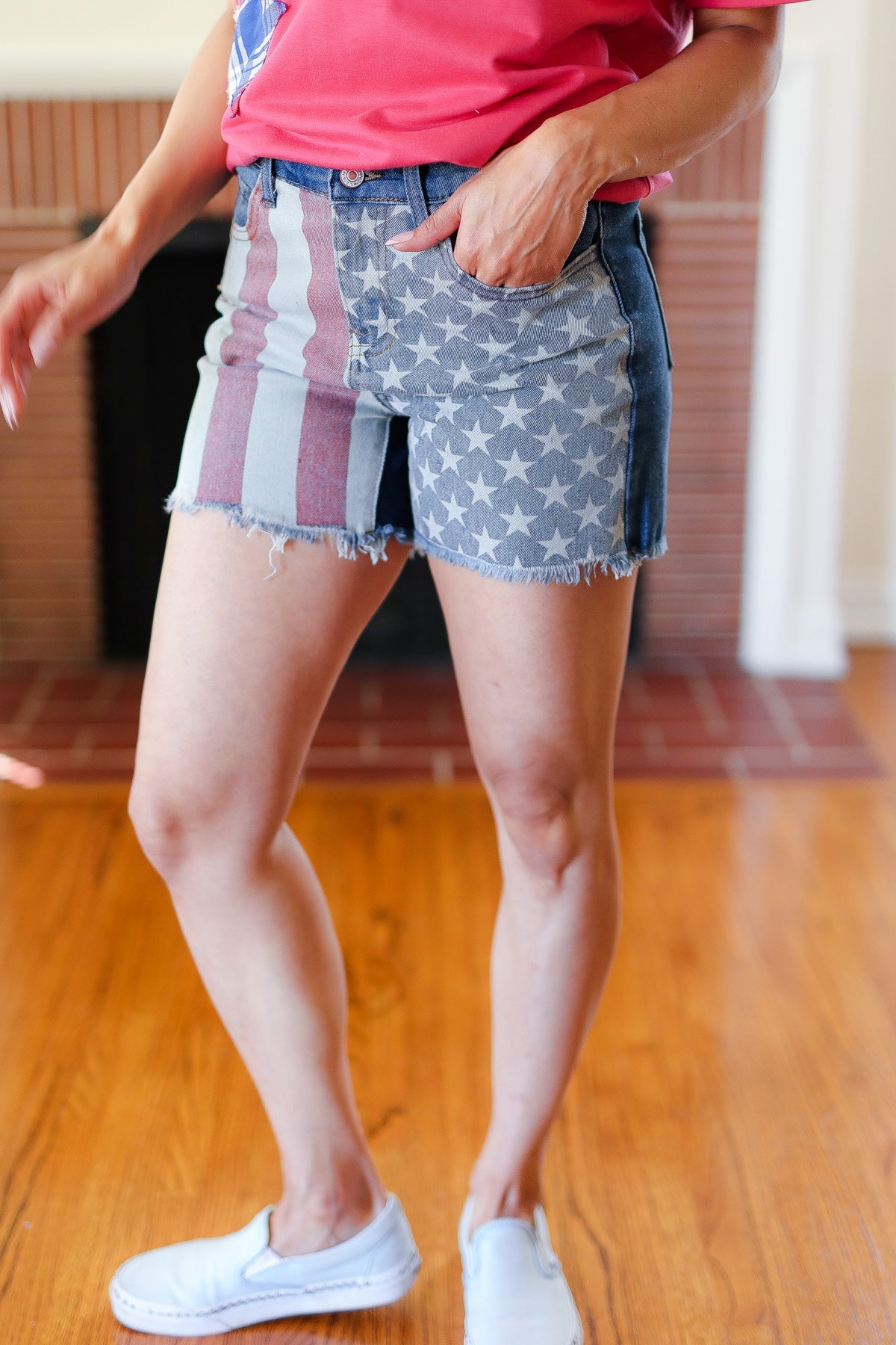Haptics American Flag High Rise Frayed Hem Denim Shorts 2024 Blow-Out Sale