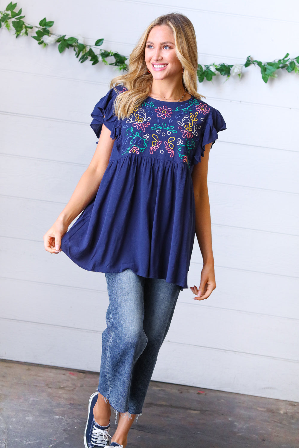 Haptics Navy Floral Embroidered Flutter Sleeve Top