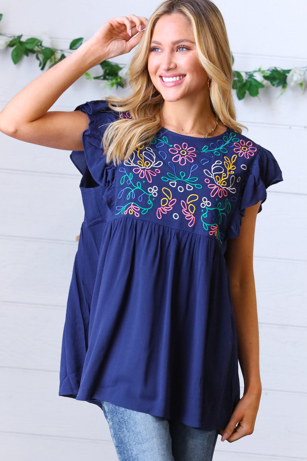 Haptics Navy Floral Embroidered Flutter Sleeve Top