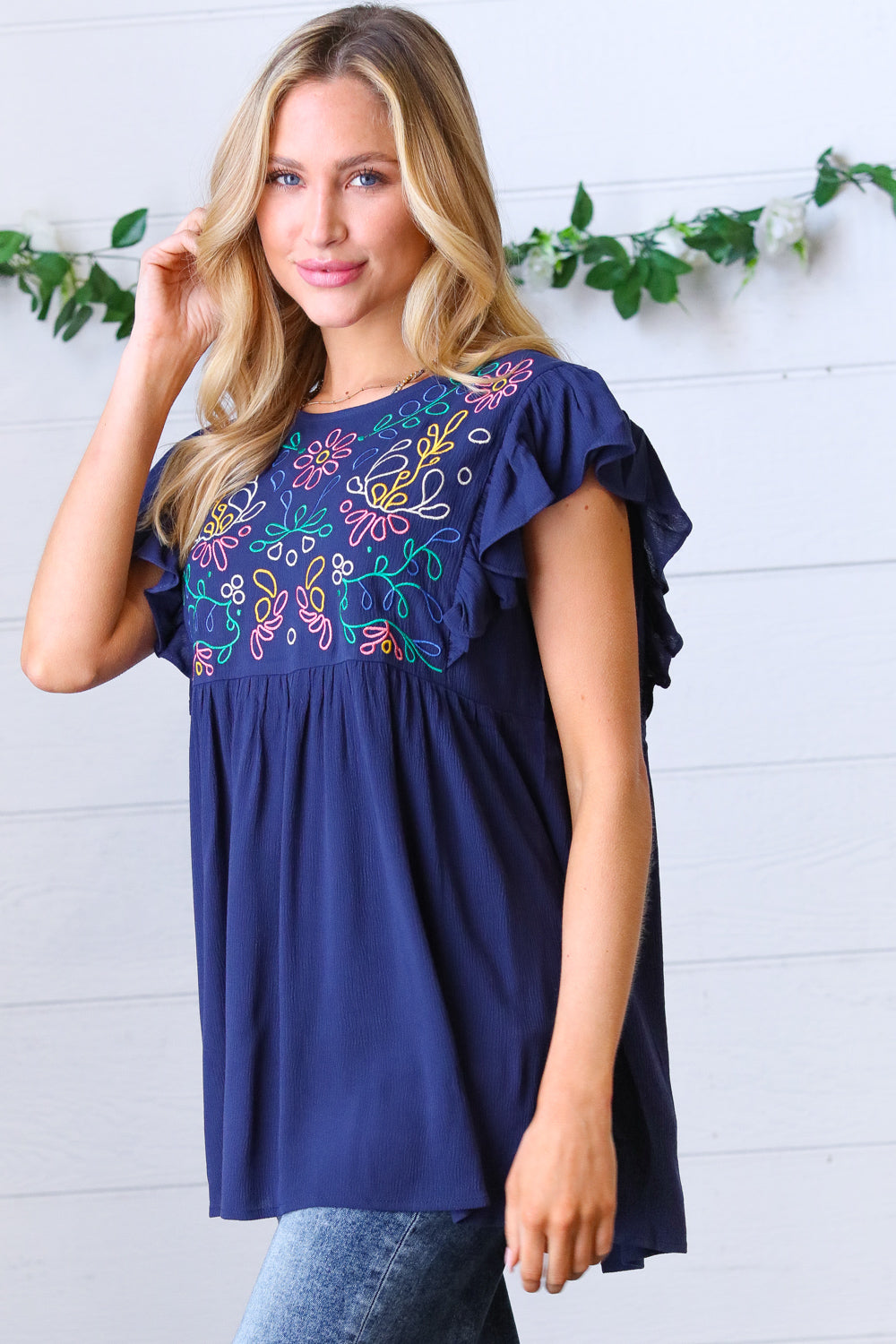 Haptics Navy Floral Embroidered Flutter Sleeve Top