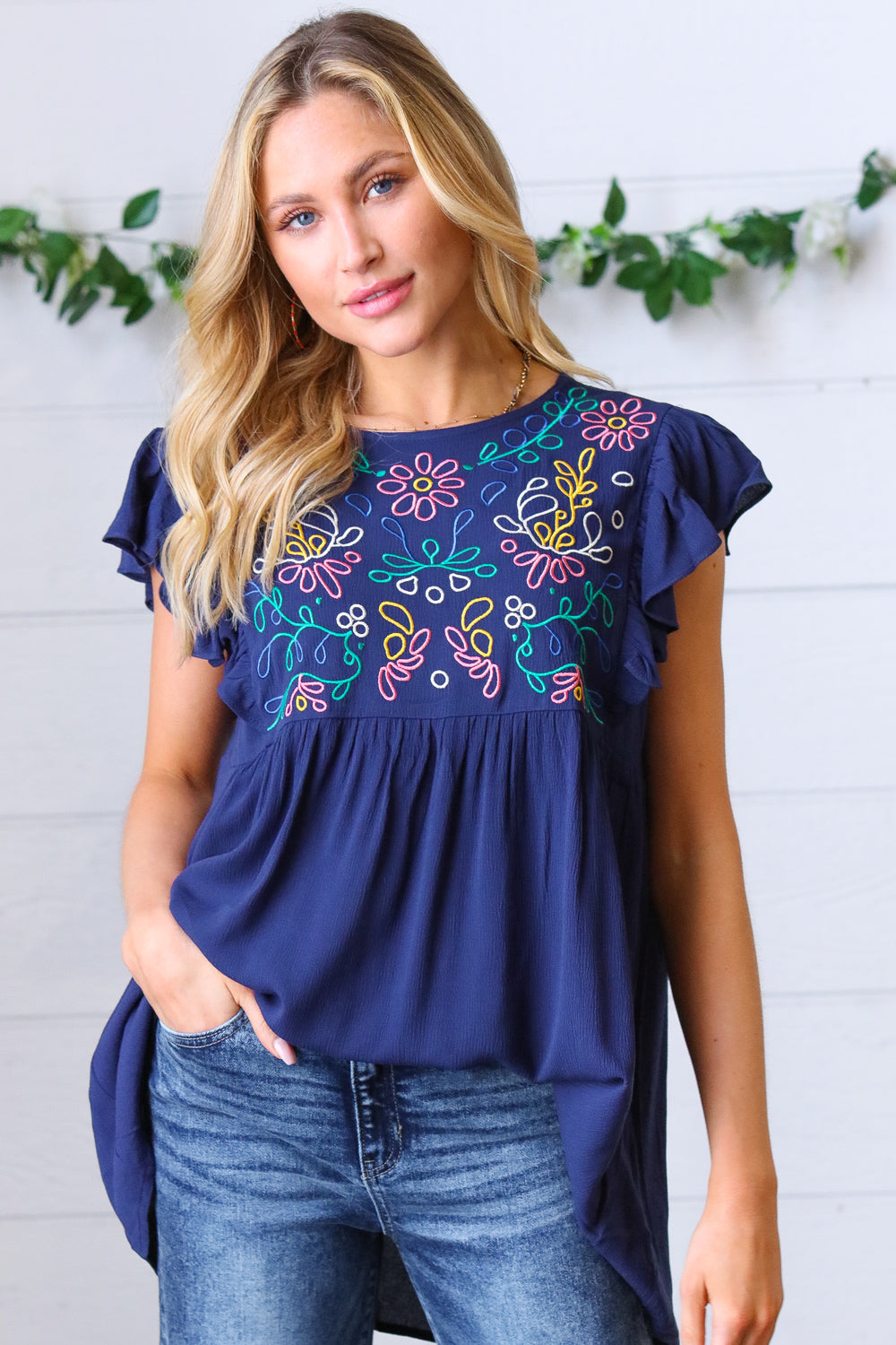Haptics Navy Floral Embroidered Flutter Sleeve Top