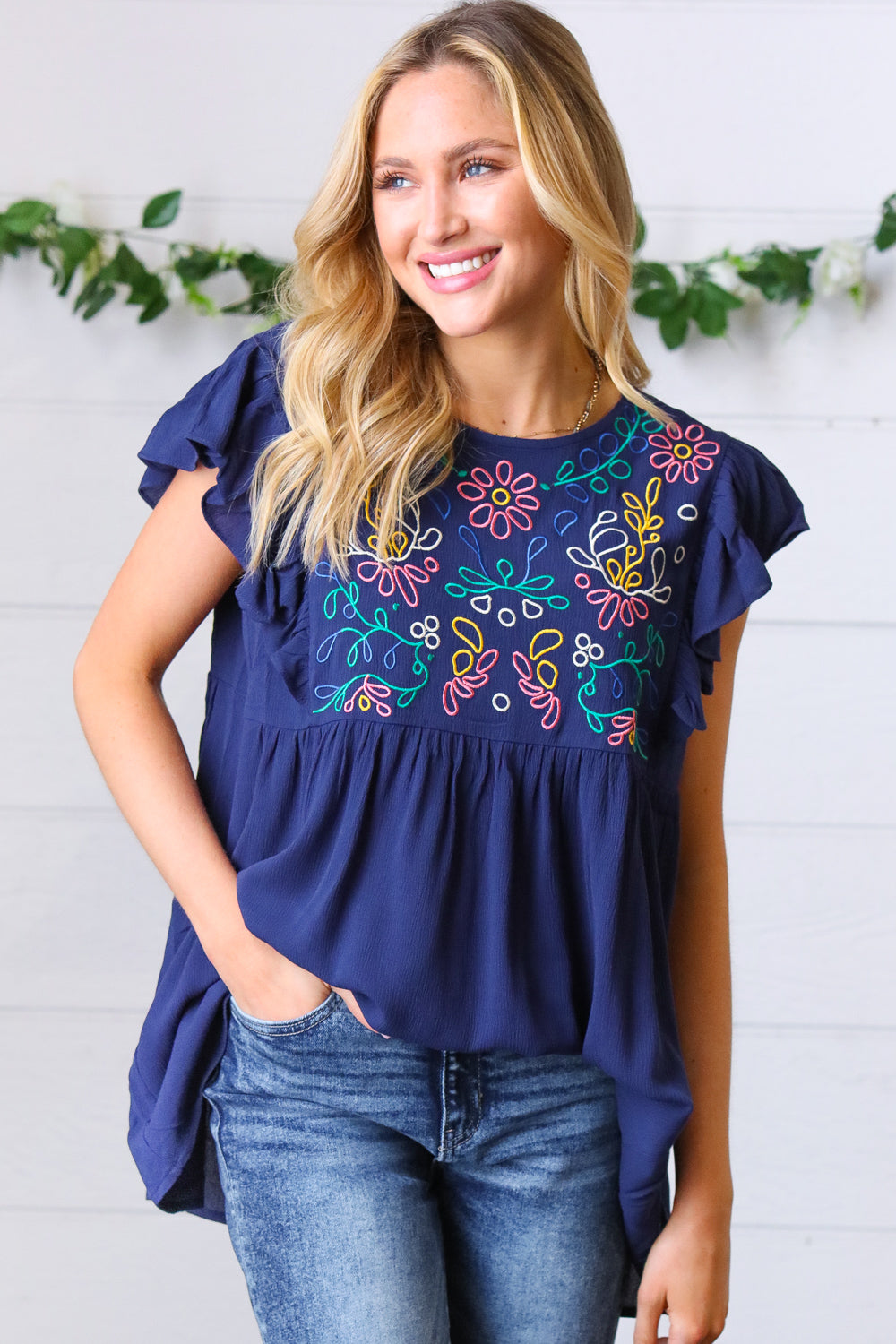 Haptics Navy Floral Embroidered Flutter Sleeve Top