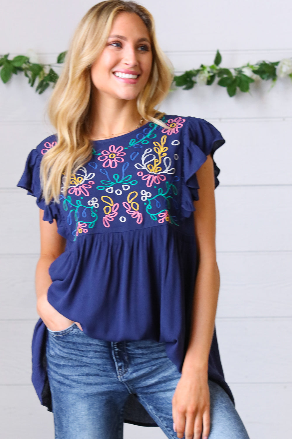Haptics Navy Floral Embroidered Flutter Sleeve Top