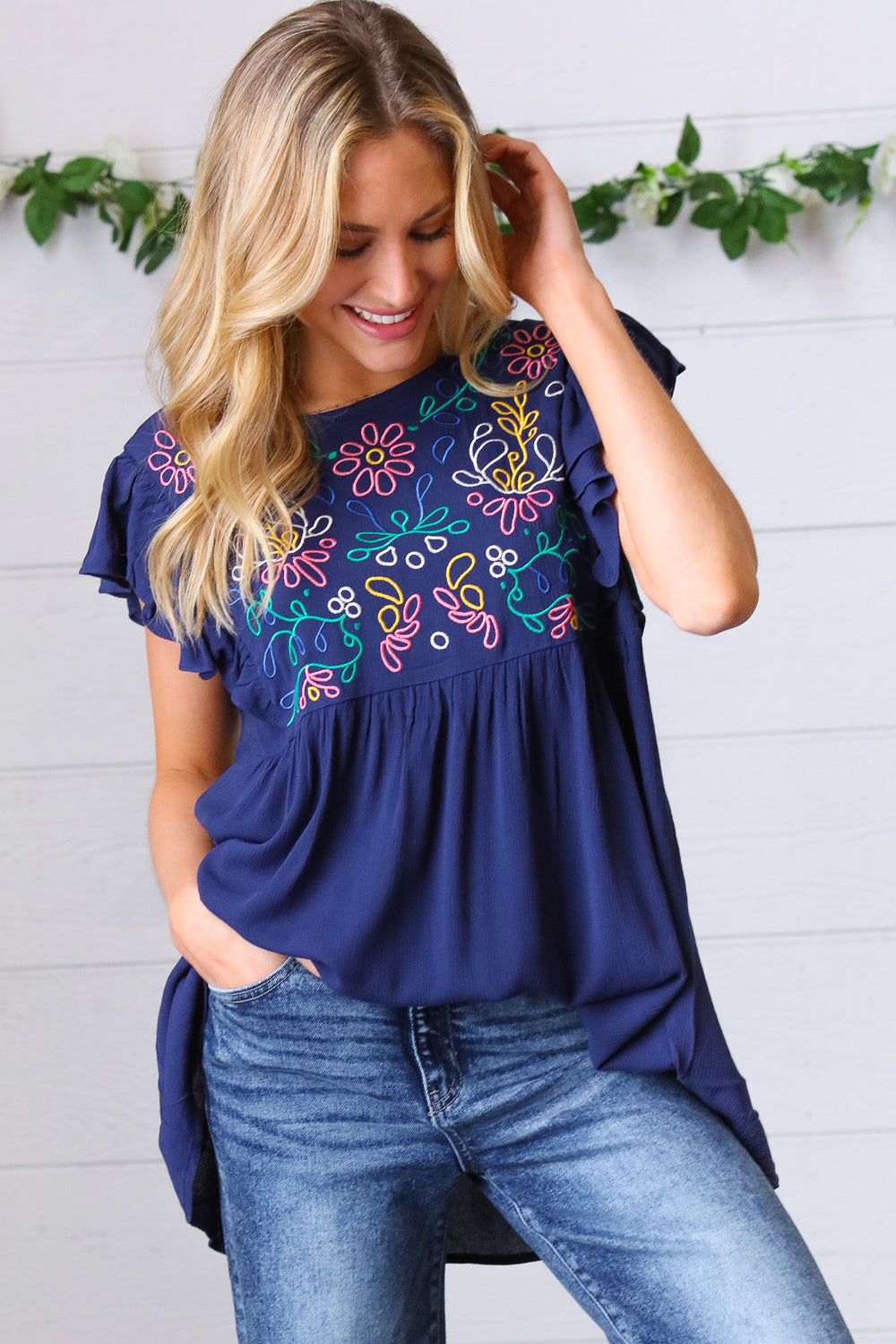 Haptics Navy Floral Embroidered Flutter Sleeve Top