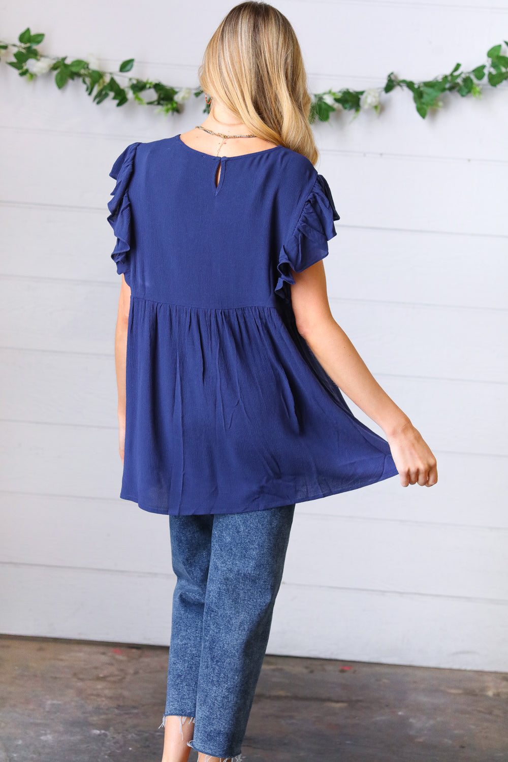 Haptics Navy Floral Embroidered Flutter Sleeve Top