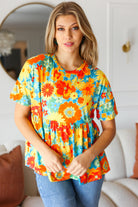 Haptics Sunflower& Red Retro Floral Swing Babydoll Top