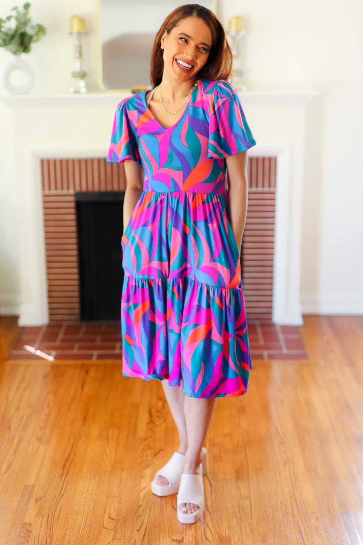 Haptics Remember Me Blue & Fuchsia Geo Print V Neck Dress