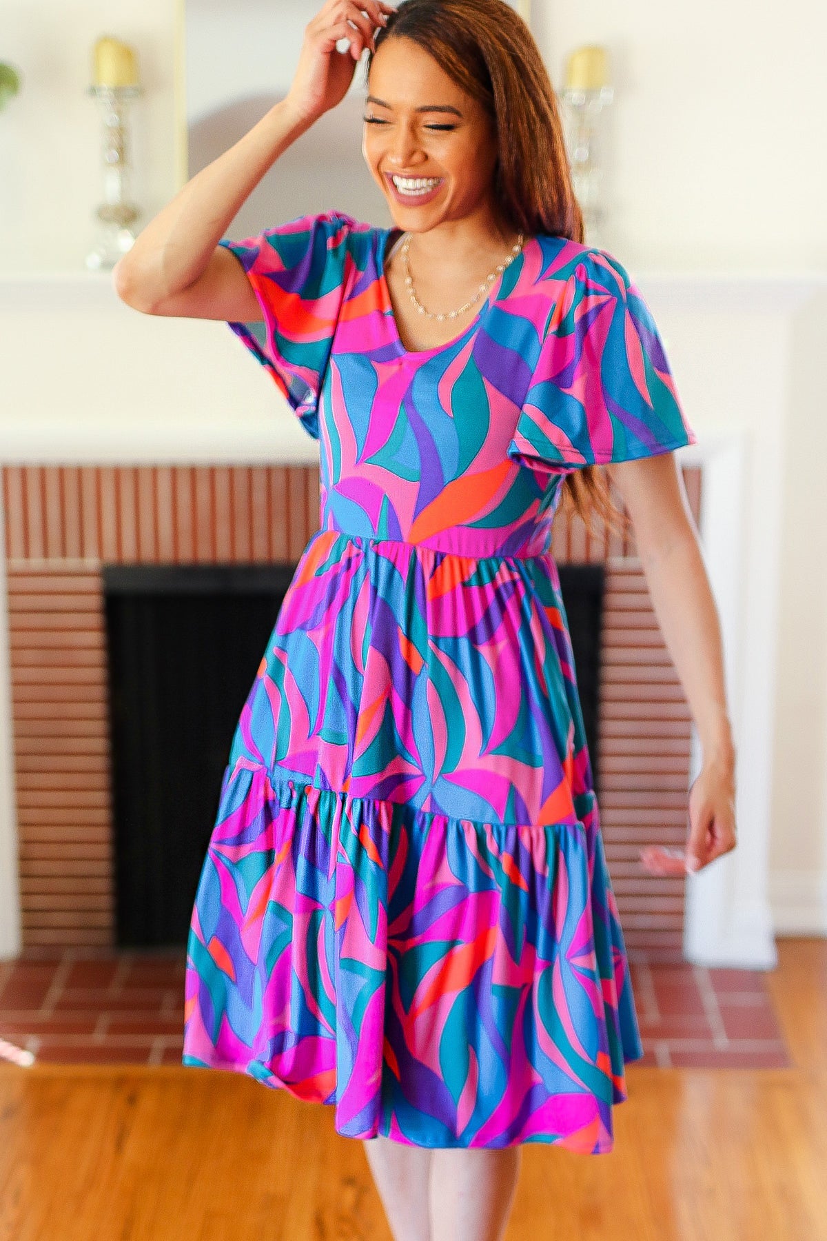 Haptics Remember Me Blue & Fuchsia Geo Print V Neck Dress
