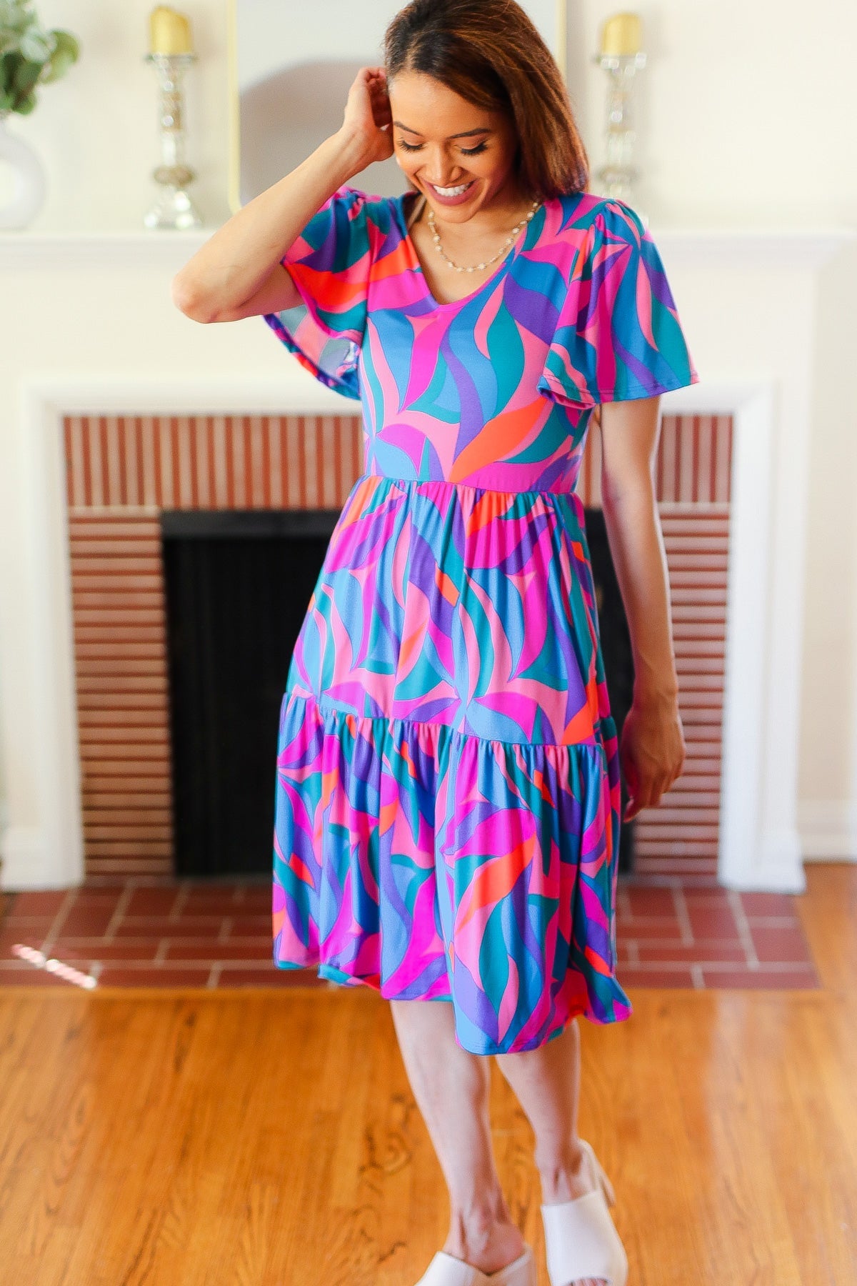 Haptics Remember Me Blue & Fuchsia Geo Print V Neck Dress