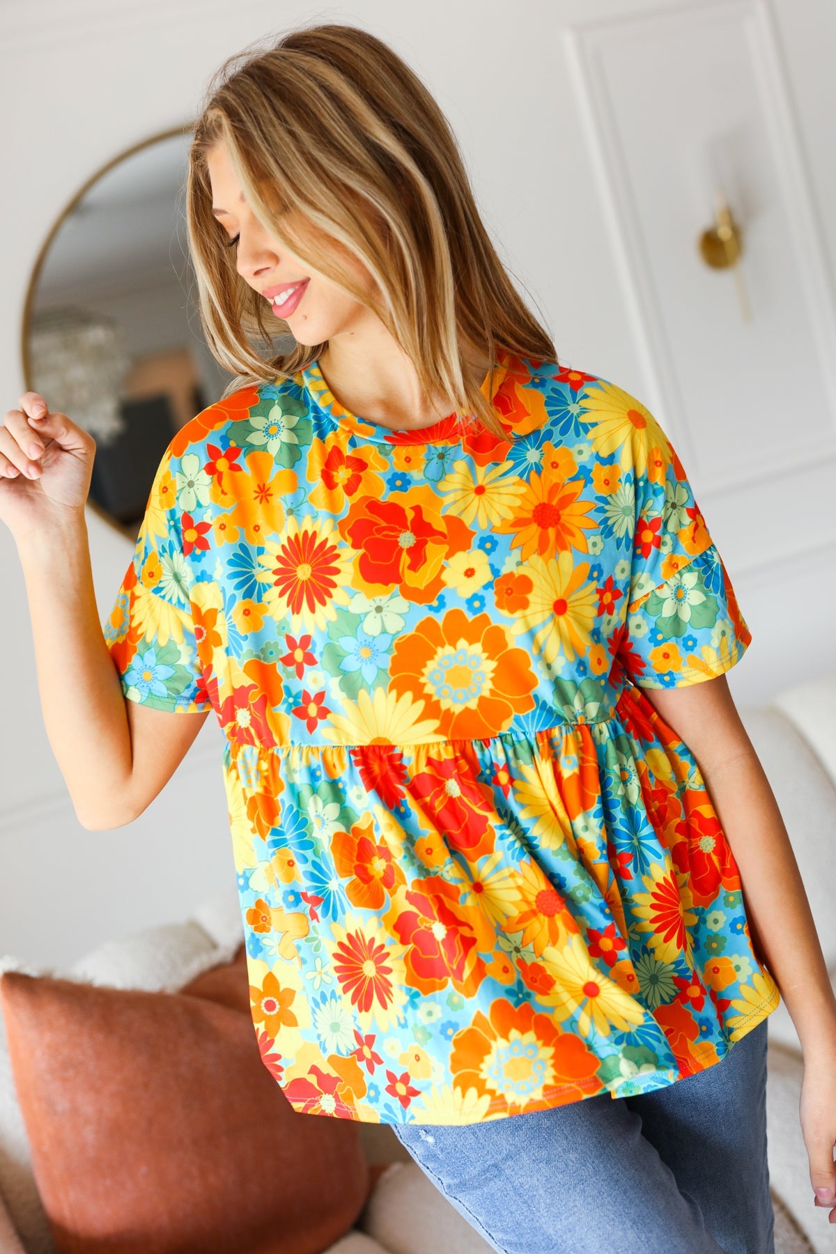 Haptics Sunflower& Red Retro Floral Swing Babydoll Top