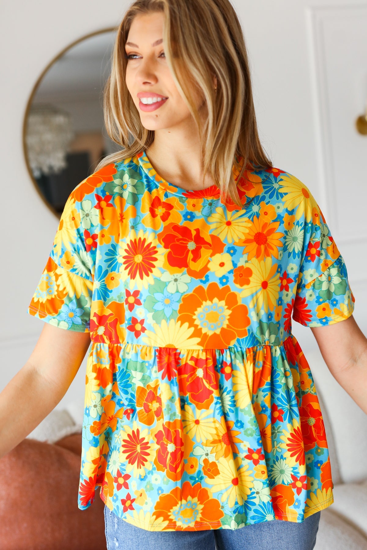 Haptics Sunflower& Red Retro Floral Swing Babydoll Top