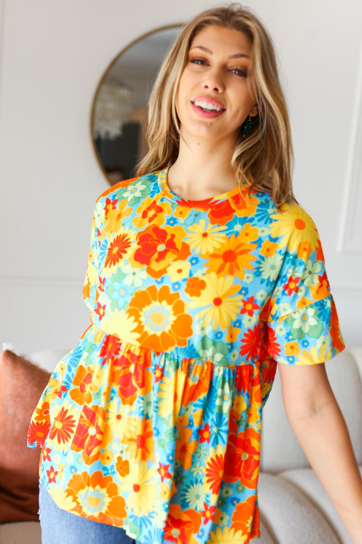 Haptics Sunflower& Red Retro Floral Swing Babydoll Top