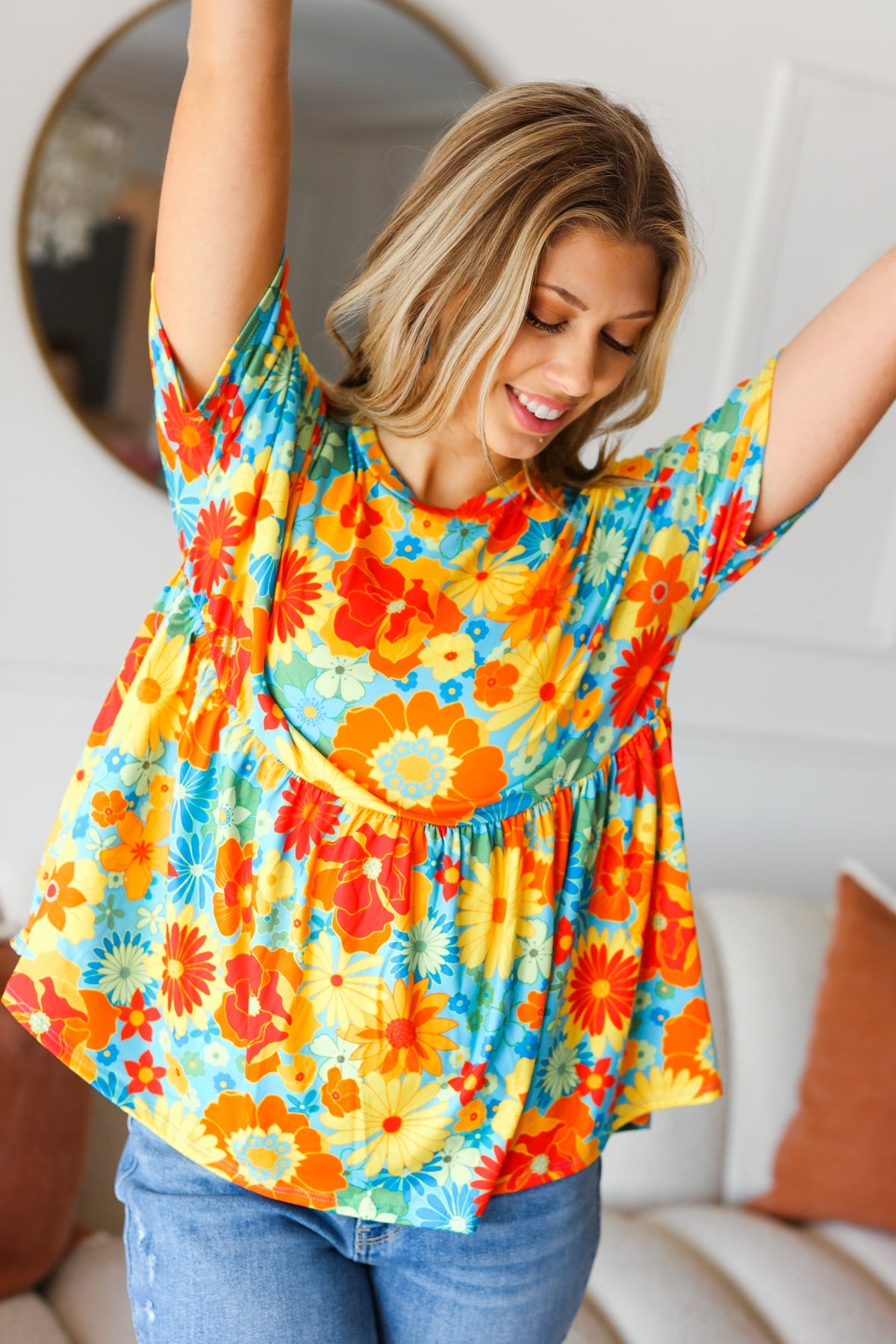 Haptics Sunflower& Red Retro Floral Swing Babydoll Top