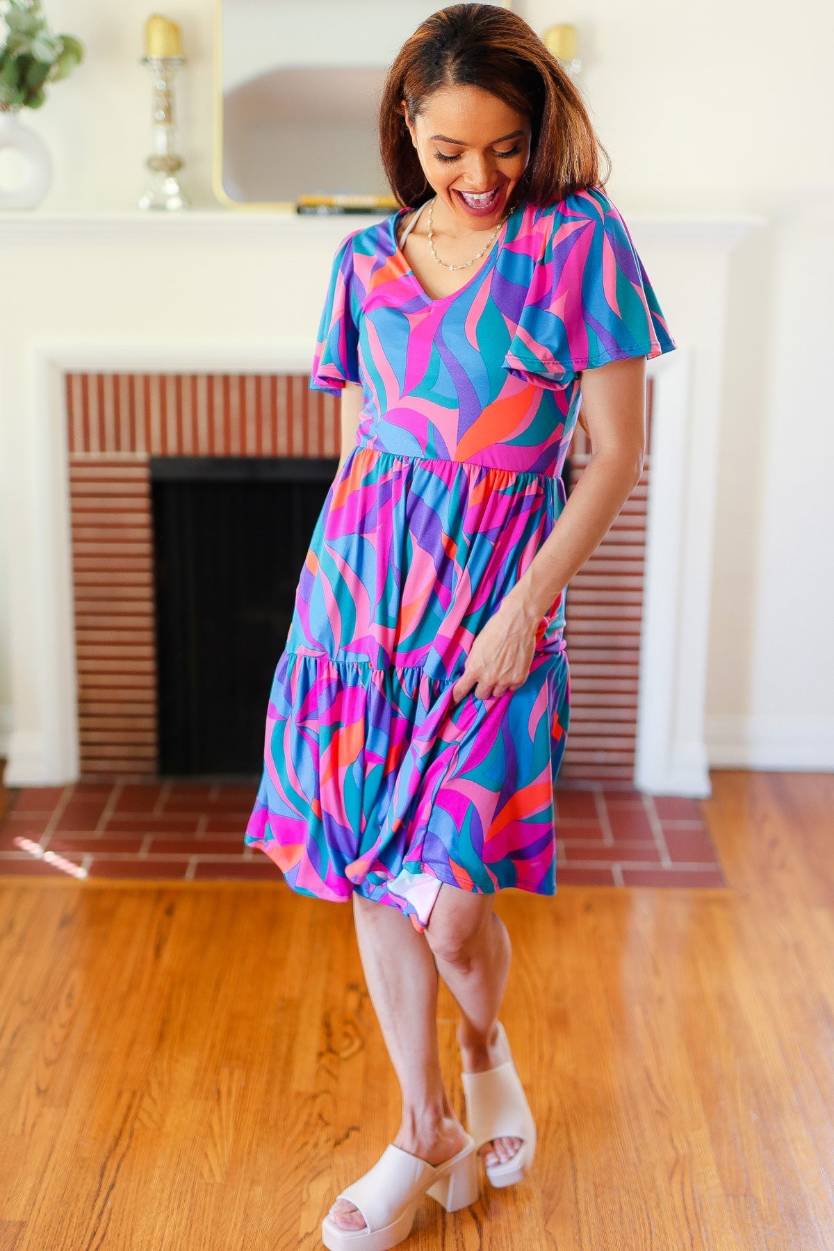 Haptics Remember Me Blue & Fuchsia Geo Print V Neck Dress