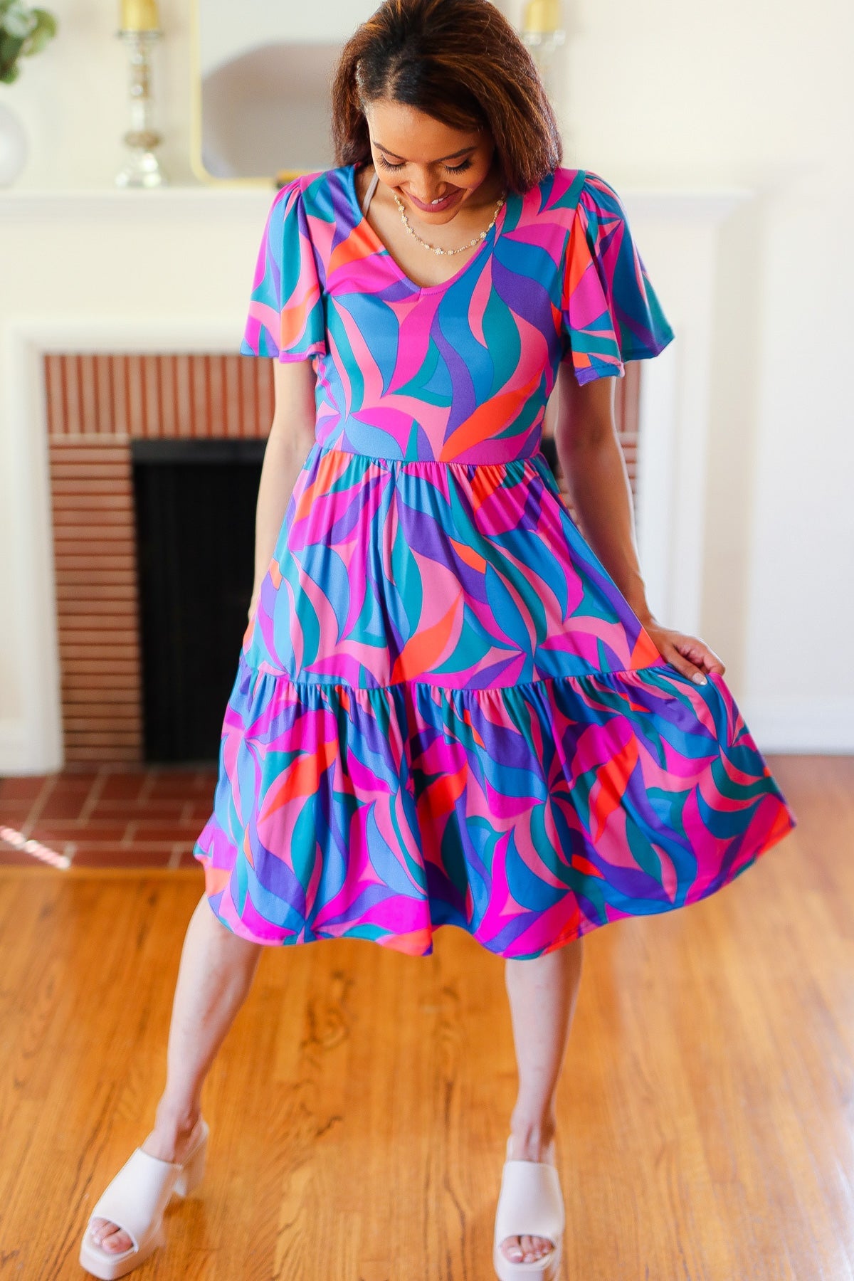 Haptics Remember Me Blue & Fuchsia Geo Print V Neck Dress