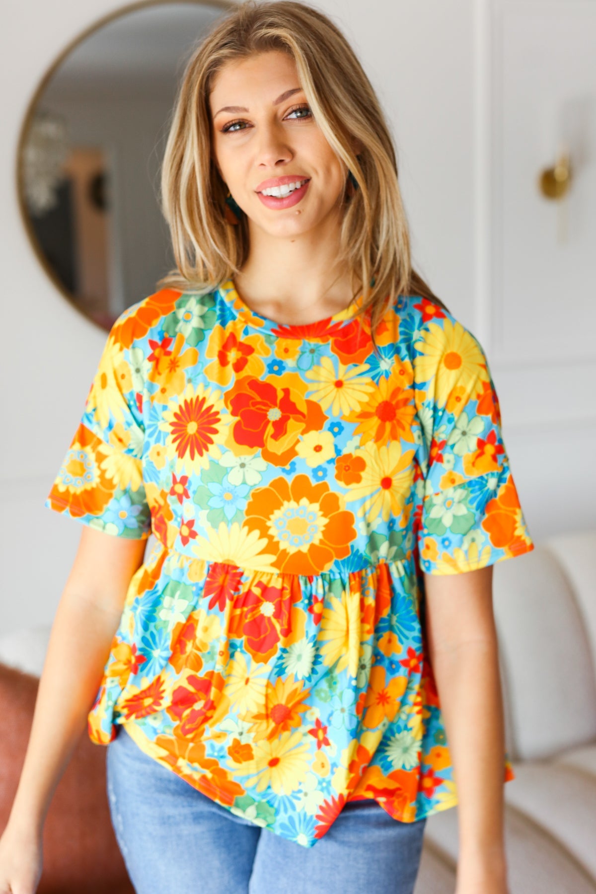 Haptics Sunflower& Red Retro Floral Swing Babydoll Top