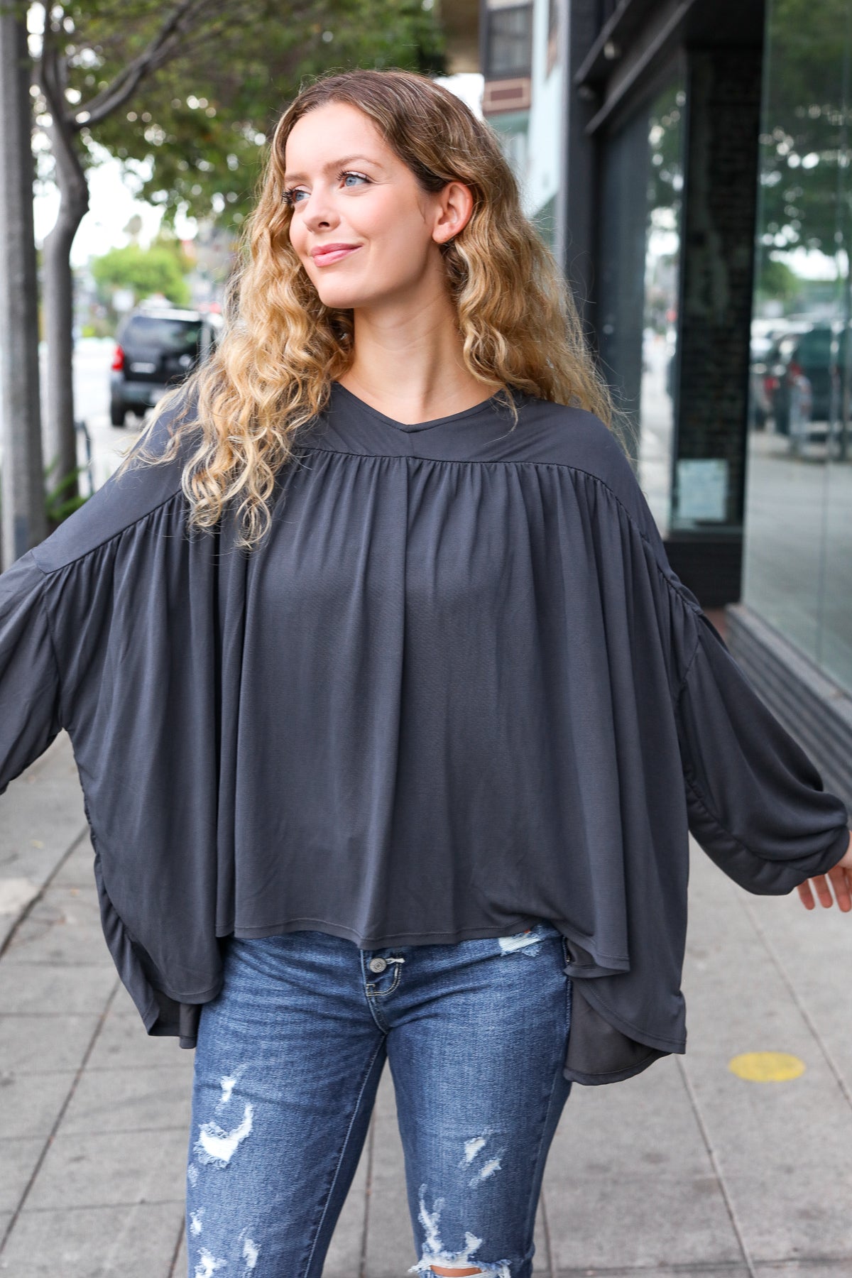 Haptics Casual Chic Charcoal V Neck Yoke Modal Knit Top 2X Shirts & Tops