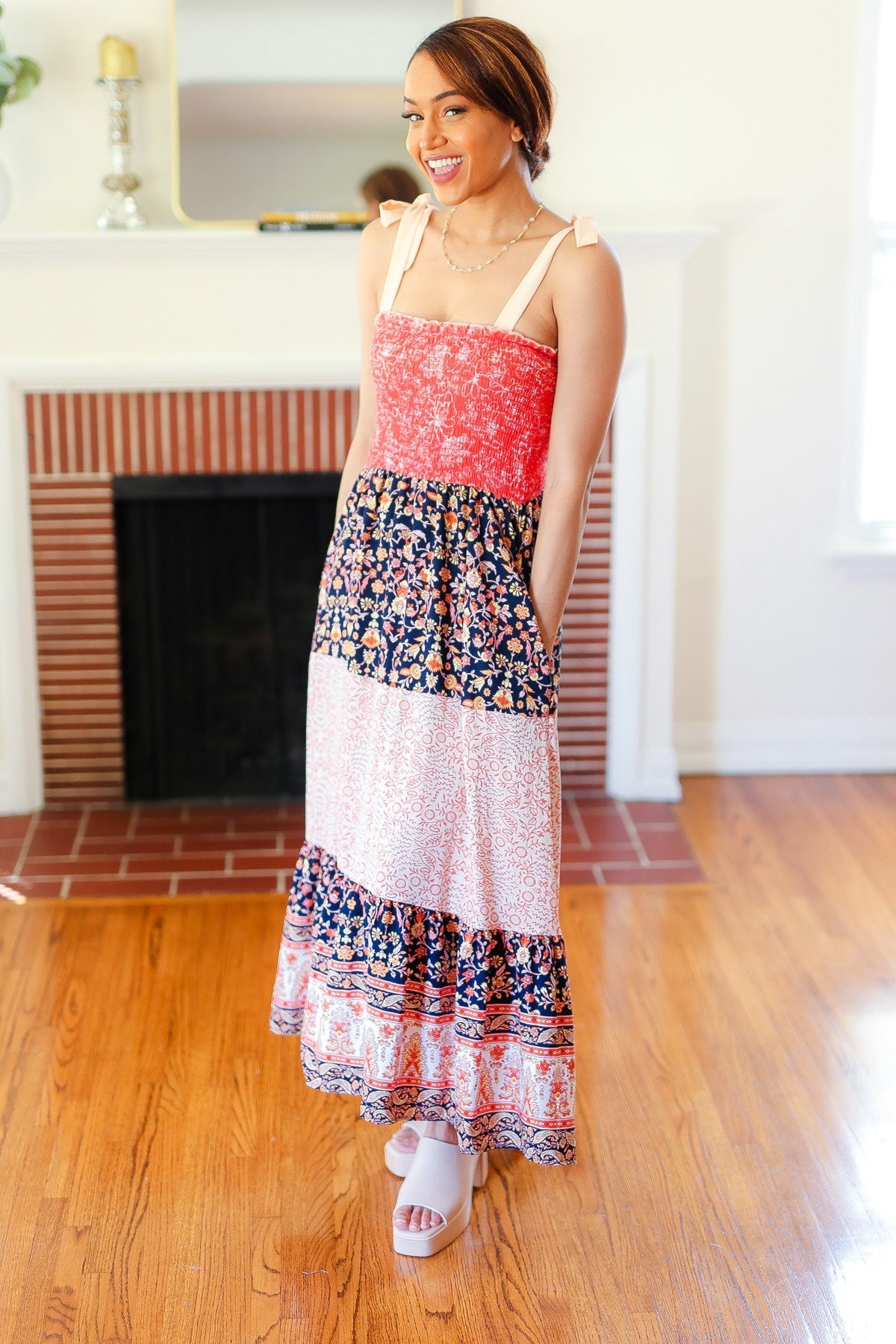 Haptics Fall Vacay Vibes Orange Floral Smocked Tube Top Tiered Maxi Dress Dresses