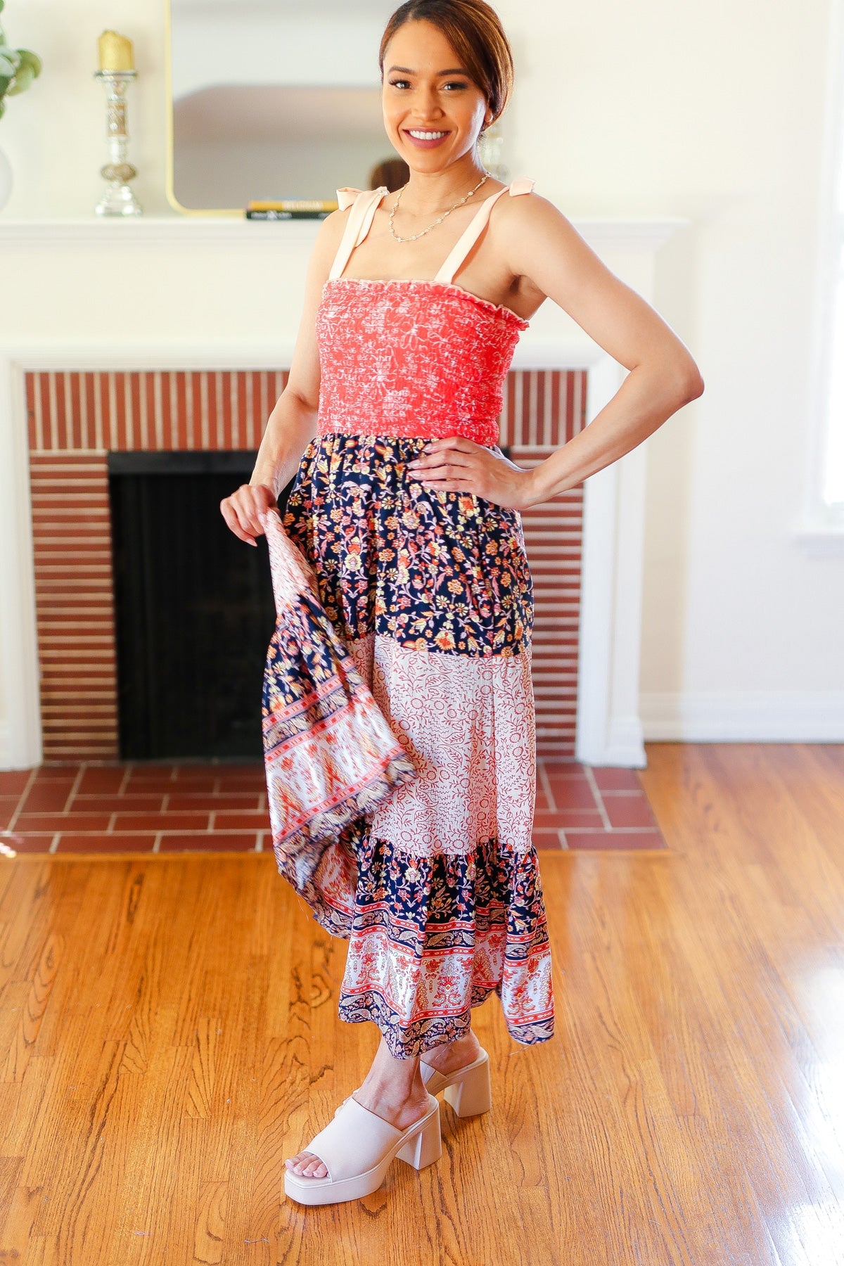 Haptics Fall Vacay Vibes Orange Floral Smocked Tube Top Tiered Maxi Dress Dresses
