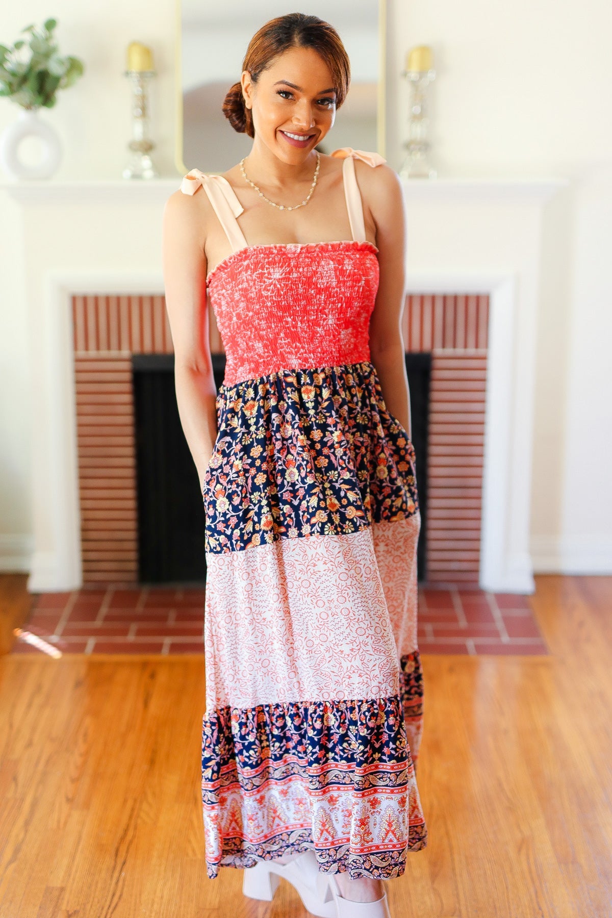 Haptics Fall Vacay Vibes Orange Floral Smocked Tube Top Tiered Maxi Dress Dresses