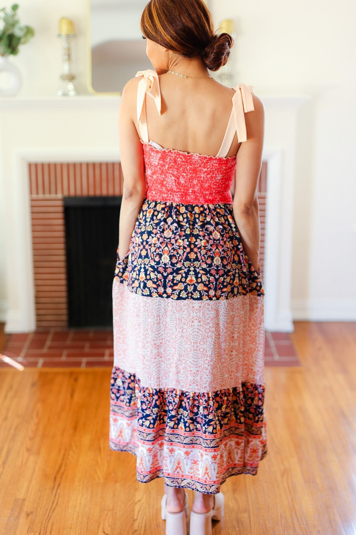 Haptics Fall Vacay Vibes Orange Floral Smocked Tube Top Tiered Maxi Dress Dresses