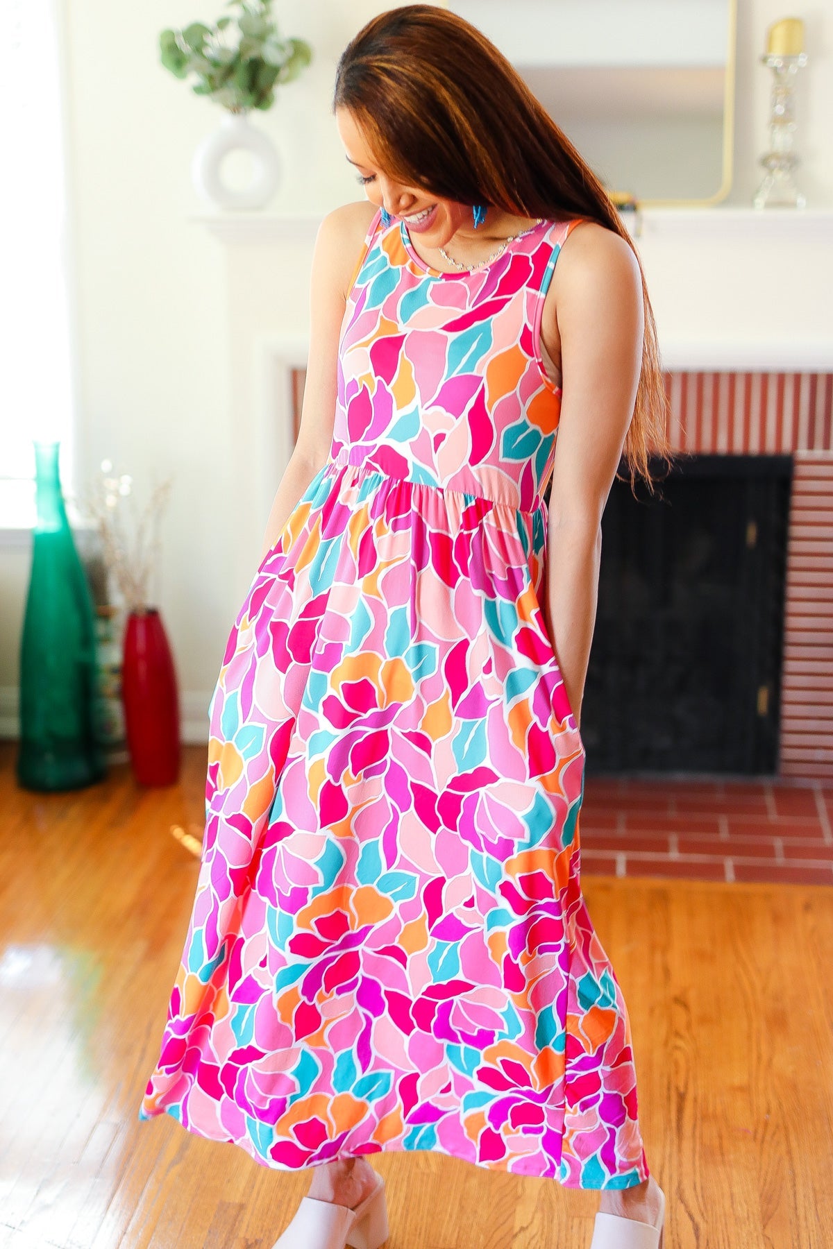 Haptics Hello Beautiful Fuchsia Abstract Floral Fit & Flare Maxi Dress Final Sale