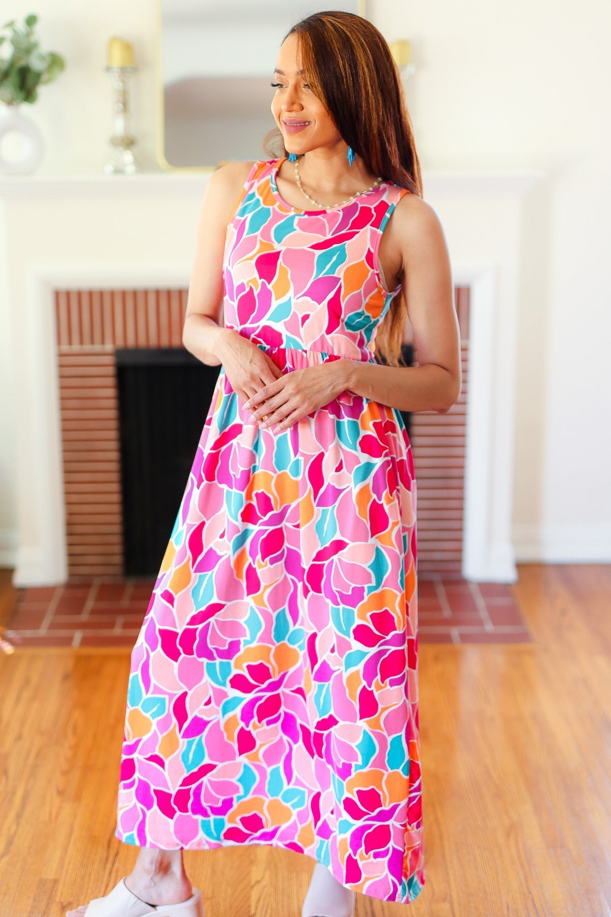 Haptics Hello Beautiful Fuchsia Abstract Floral Fit & Flare Maxi Dress Final Sale