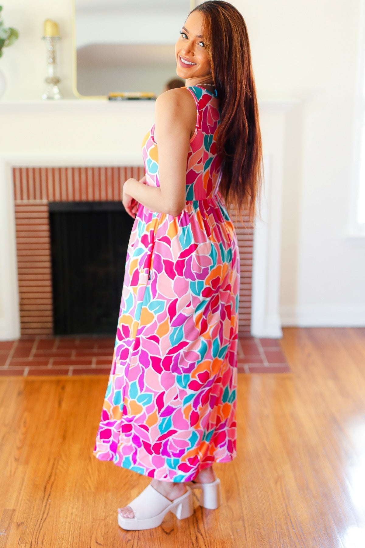 Haptics Hello Beautiful Fuchsia Abstract Floral Fit & Flare Maxi Dress Final Sale