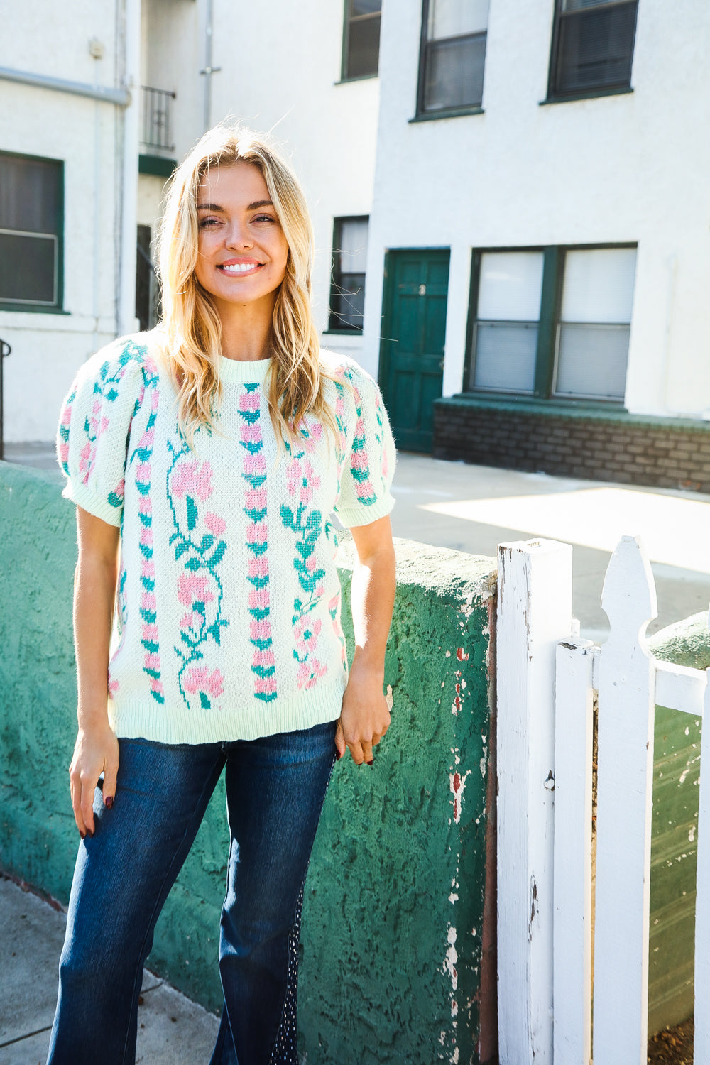 Haptics Mint Jacquard Floral Bubble Sleeve Sweater Top