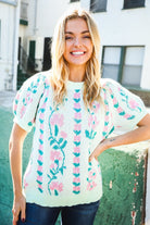 Haptics Mint Jacquard Floral Bubble Sleeve Sweater Top