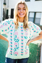 Haptics Mint Jacquard Floral Bubble Sleeve Sweater Top