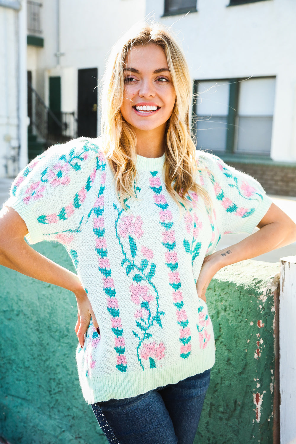 Haptics Mint Jacquard Floral Bubble Sleeve Sweater Top