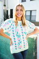 Haptics Mint Jacquard Floral Bubble Sleeve Sweater Top