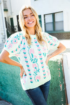 Haptics Mint Jacquard Floral Bubble Sleeve Sweater Top